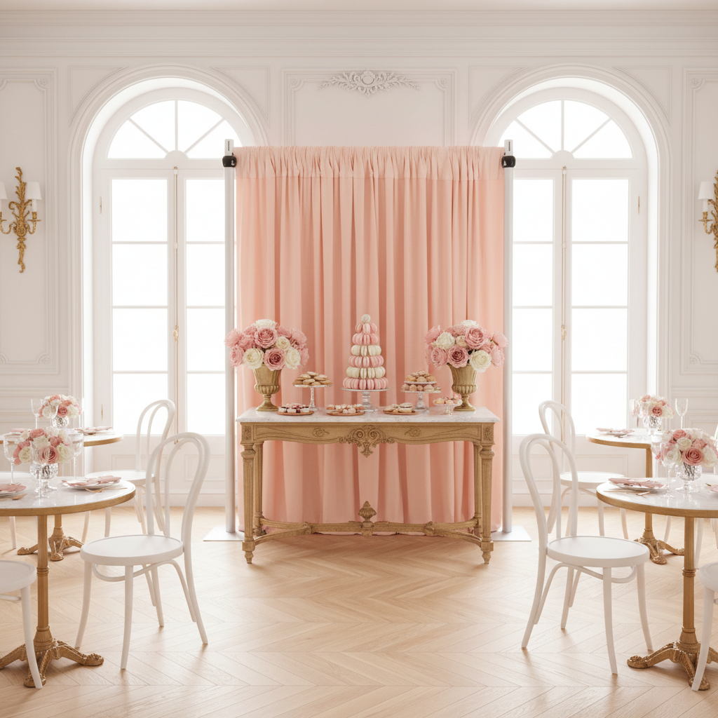 bridal shower with Spandex 4-way Stretch Backdrop Drape Curtain 18ft H x 60" W - Blush/Rose Gold