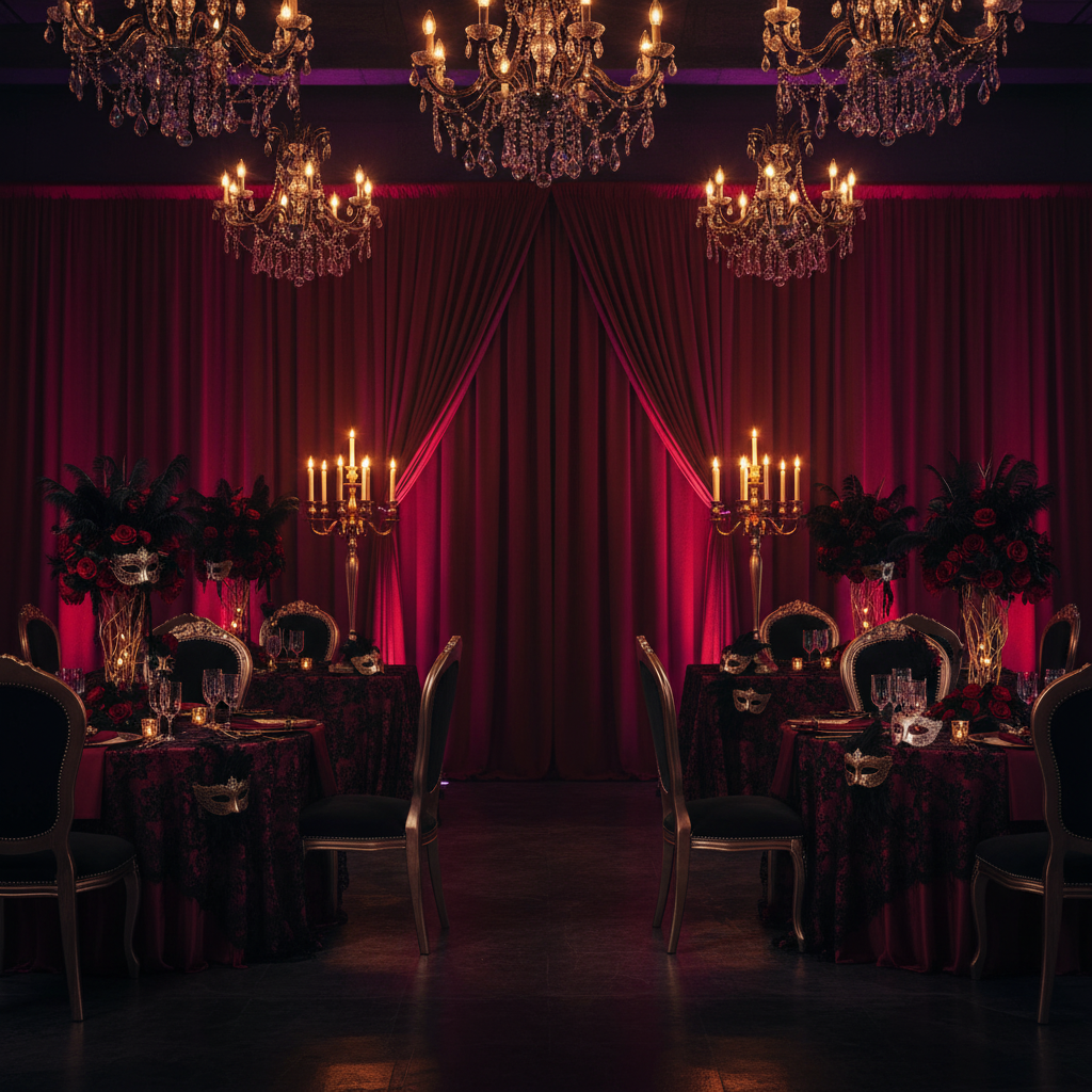 masquerade dinner setup with Spandex 4-way Stretch Backdrop Drape Curtain 18ft H x 60" W - Burgundy