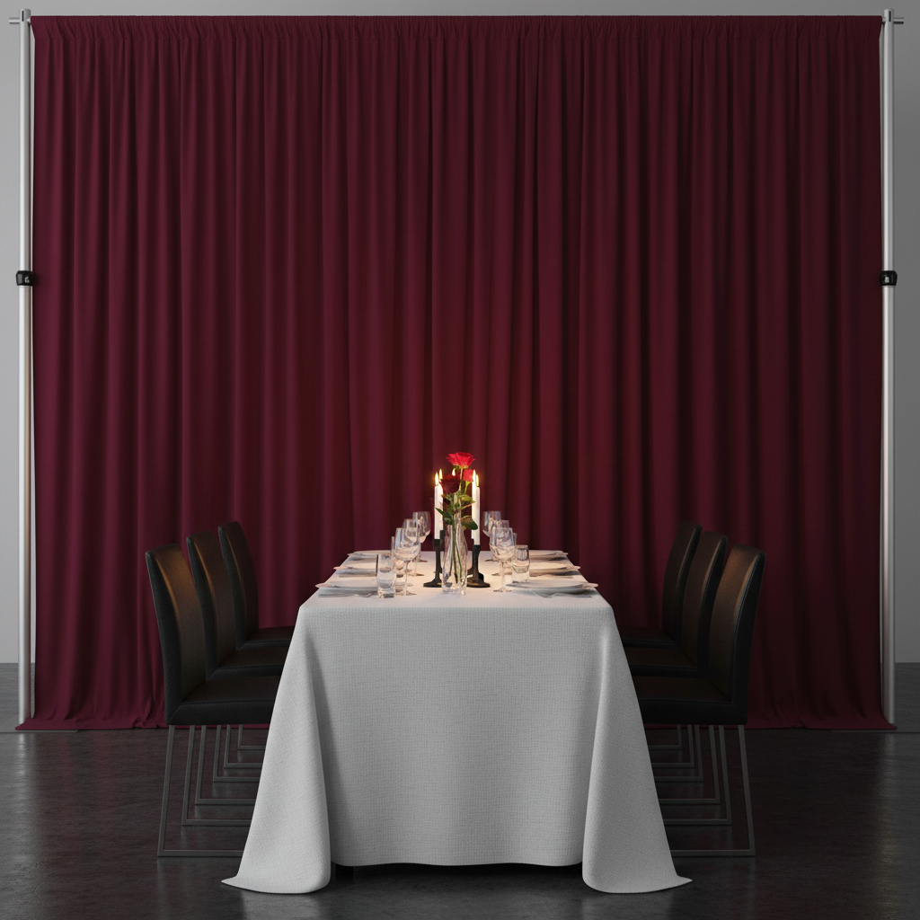 minimalist indoor dinner setup with Spandex 4-way Stretch Backdrop Drape Curtain 18ft H x 60" W - Burgundy