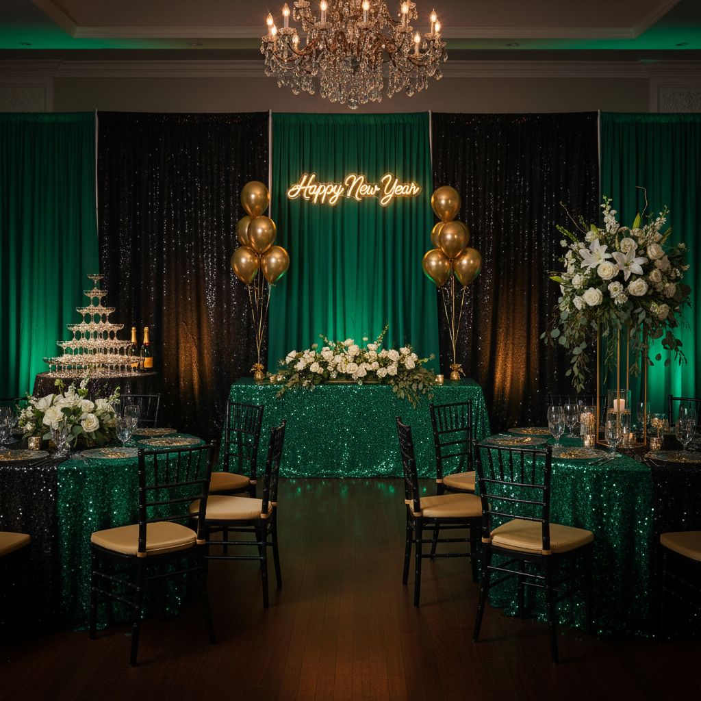 new years eve celebration with Spandex 4-way Stretch Backdrop Drape Curtain 18ft H x 60" W - Emerald Green