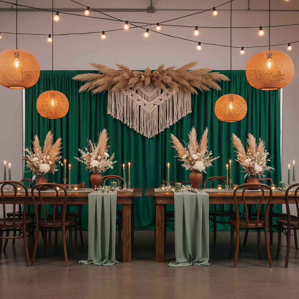 wedding reception backyard with Spandex 4-way Stretch Backdrop Drape Curtain 18ft H x 60" W - Emerald Green