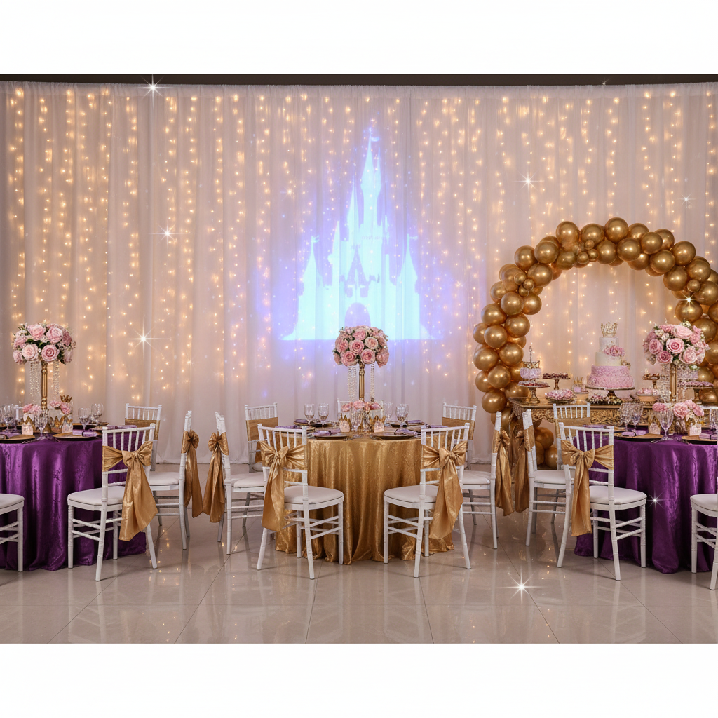 indoor disney princess birthday setup with Spandex 4-way Stretch Backdrop Drape Curtain 18ft H x 60" W - Ivory