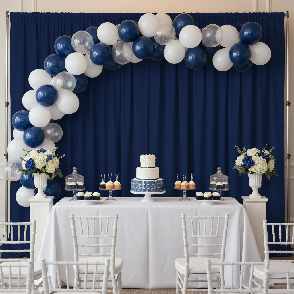 baby shower indoor setup with Spandex 4-way Stretch Backdrop Drape Curtain 18ft H x 60" W - Navy Bue