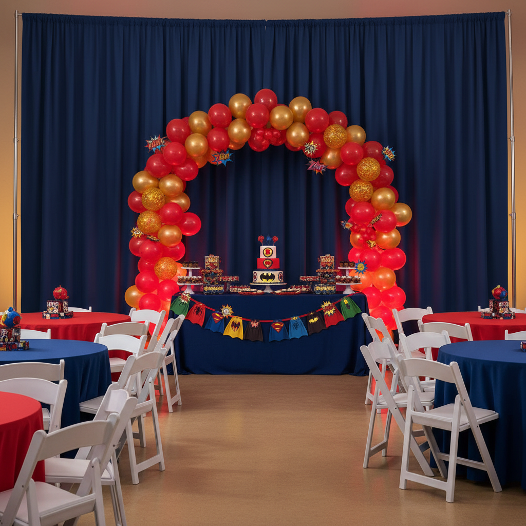 superhero themed birthday setup with Spandex 4-way Stretch Backdrop Drape Curtain 18ft H x 60" W - Navy Bue