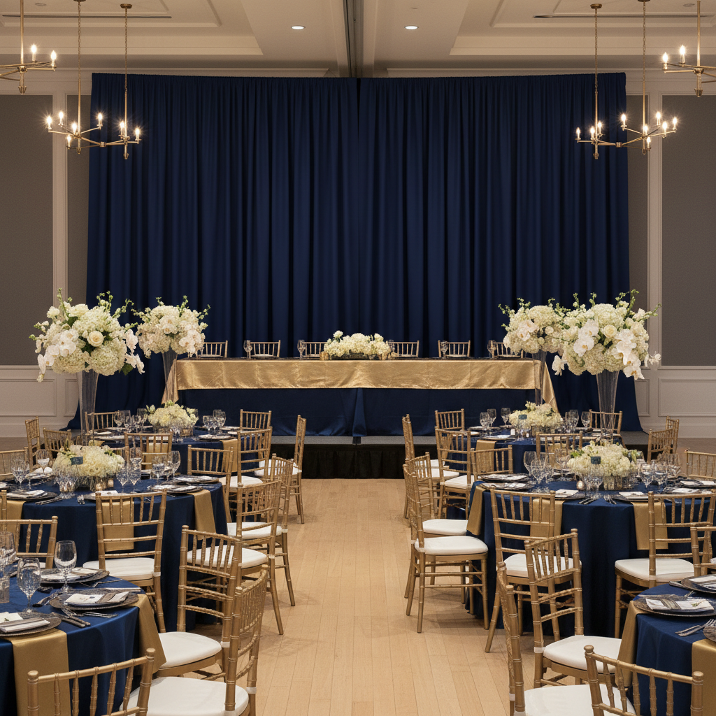 corporate dinner with Spandex 4-way Stretch Backdrop Drape Curtain 18ft H x 60" W - Navy Bue