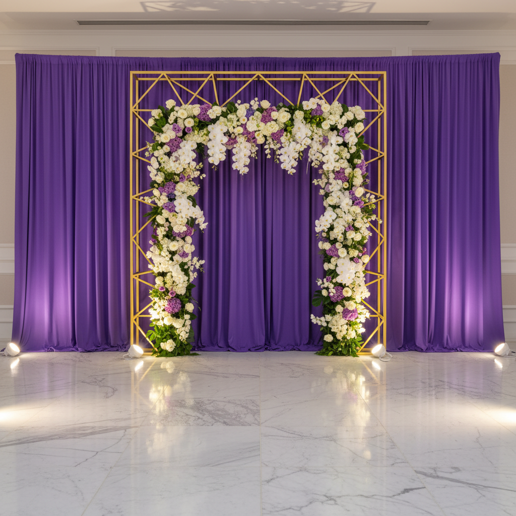 Spandex 4-way Stretch Backdrop Drape Curtain 18ft H x 60" W - Purple with floral backdrop arches for reception entrance