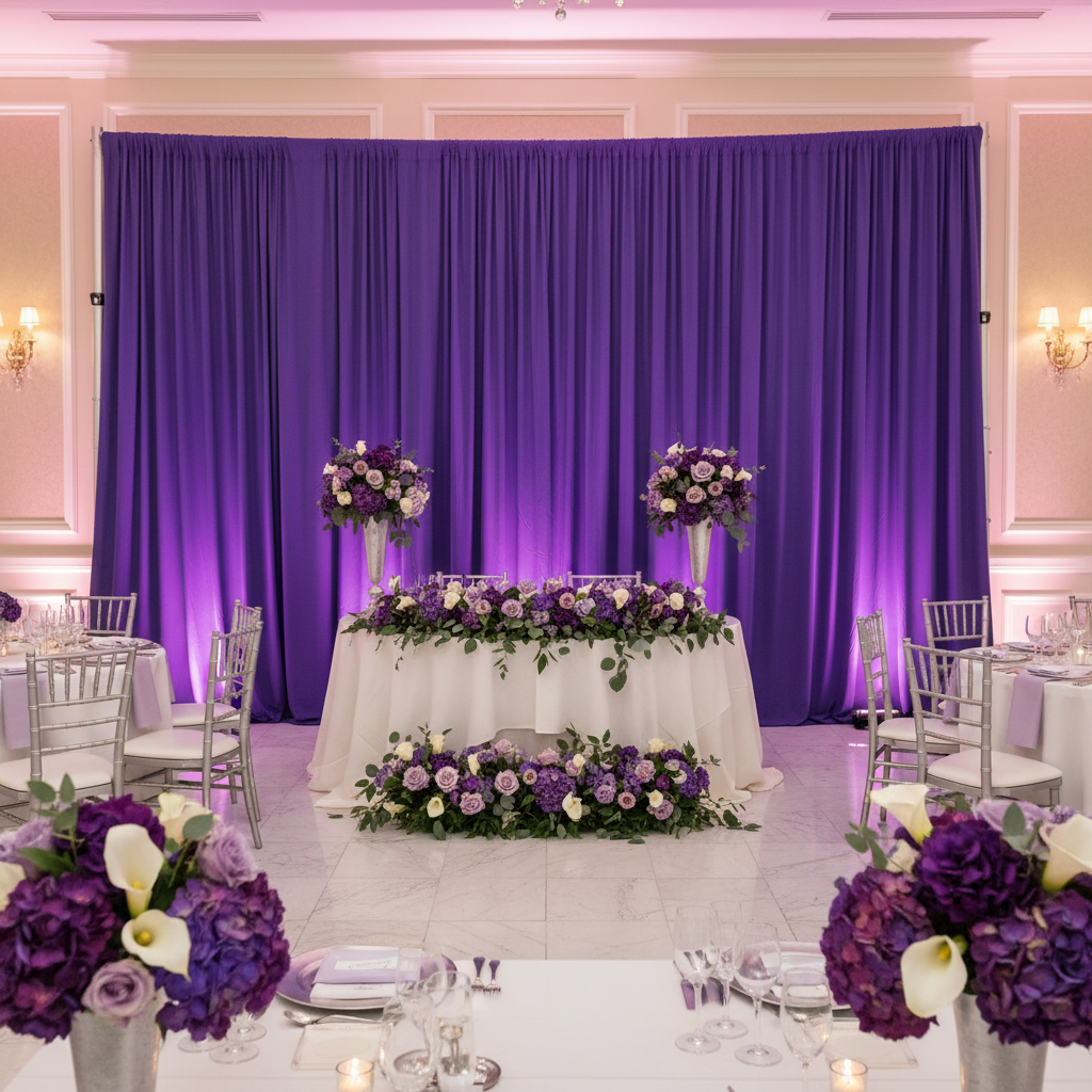 Spandex 4-way Stretch Backdrop Drape Curtain 18ft H x 60" W - Purple at the back of sweetheart table reception for wedding