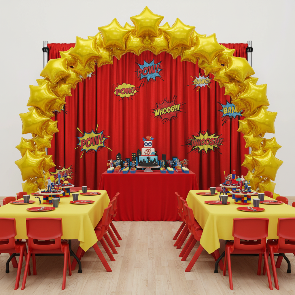 superhero kids birthday party with Spandex 4-way Stretch Backdrop Drape Curtain 18ft H x 60" W - Red