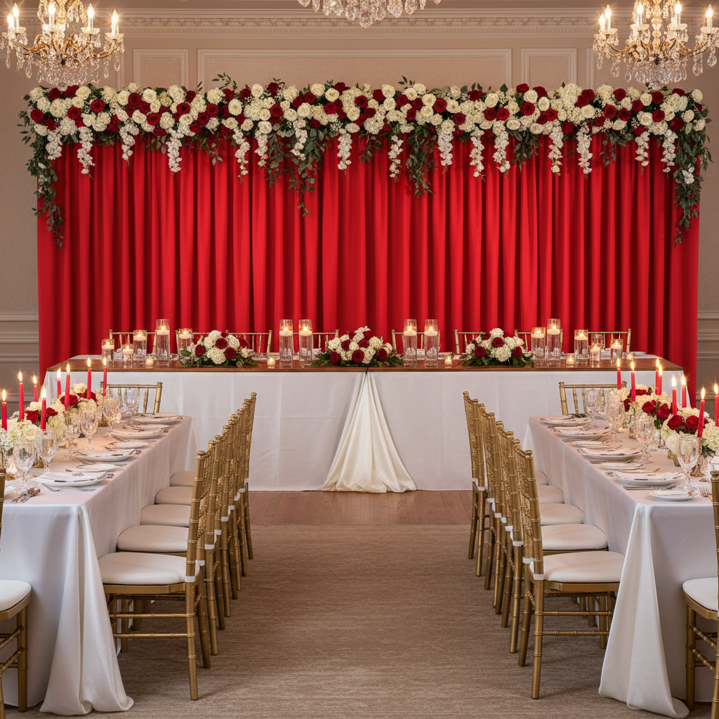 romantic wedding reception with Spandex 4-way Stretch Backdrop Drape Curtain 18ft H x 60" W - Red