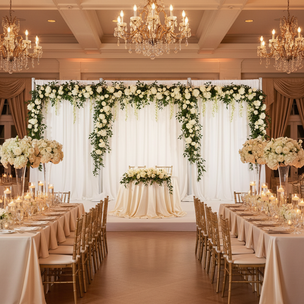 luxury wedding reception with Spandex 4-way Stretch Backdrop Drape Curtain 18ft H x 60" W - White