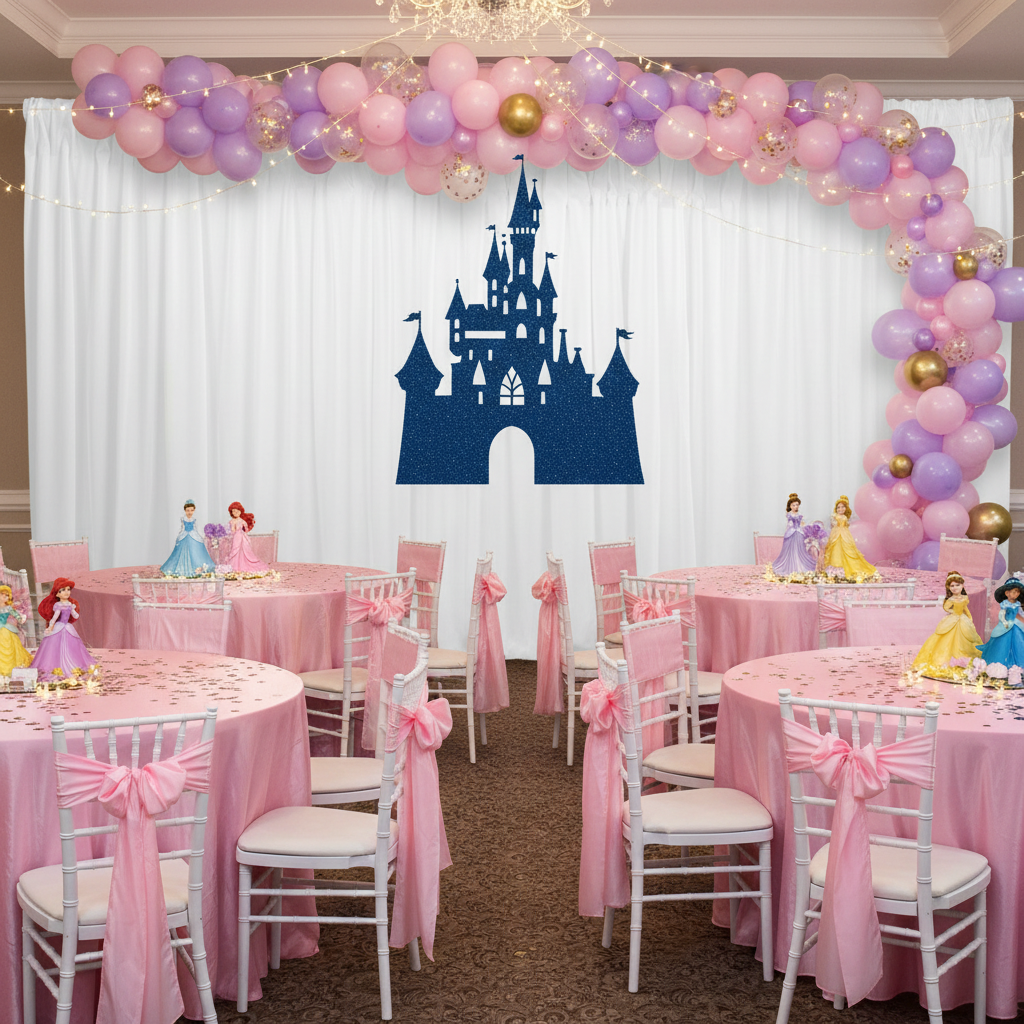 disney princess kids birthday party with Spandex 4-way Stretch Backdrop Drape Curtain 18ft H x 60" W - White