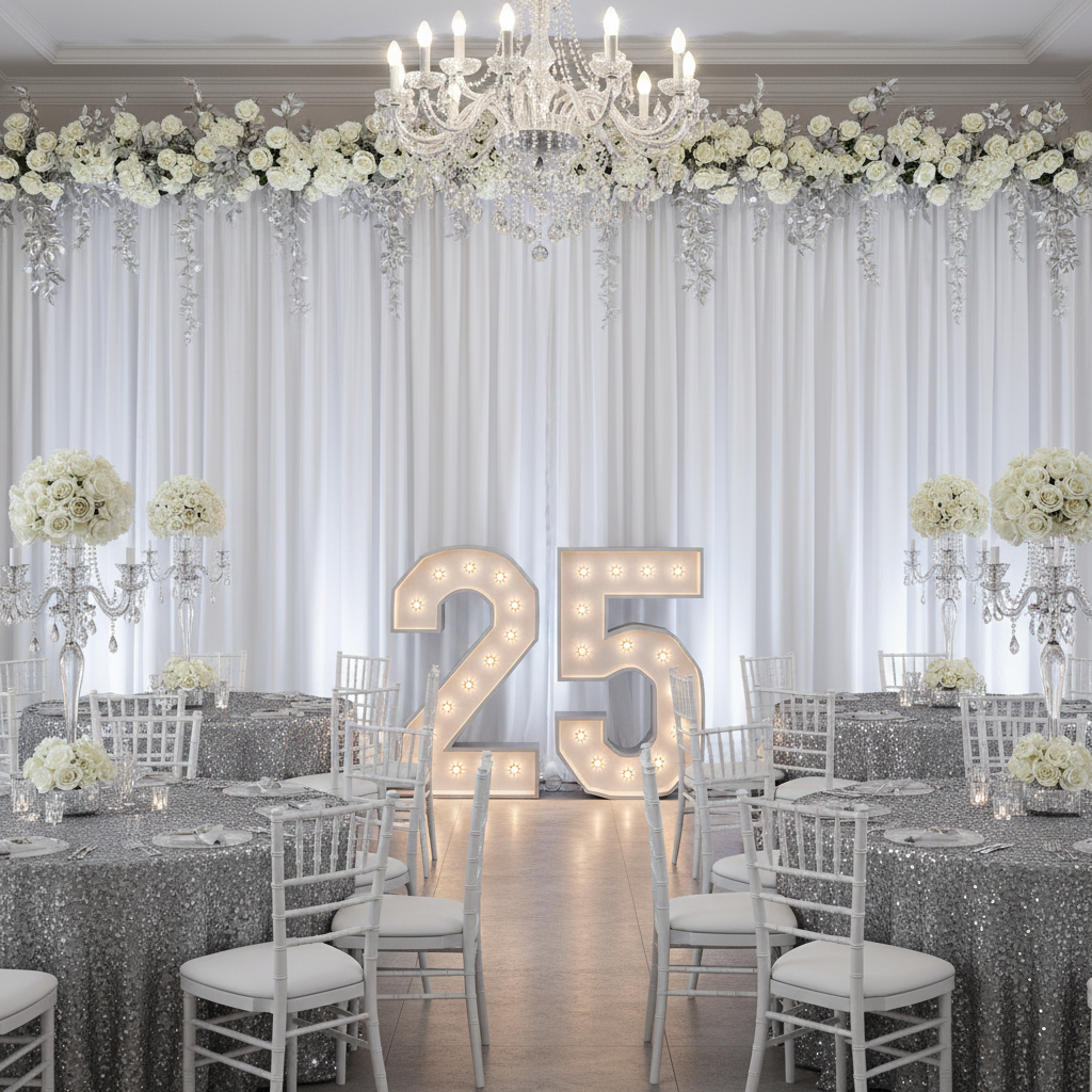 silver anniversary with Spandex 4-way Stretch Backdrop Drape Curtain 18ft H x 60" W - White and silver