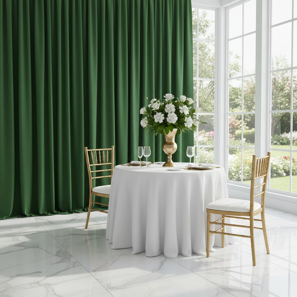 Spandex 4-way Stretch Backdrop Drape Curtain 18ft H x 60" W - Willow Green for intimate indoor anniversary dinner setup