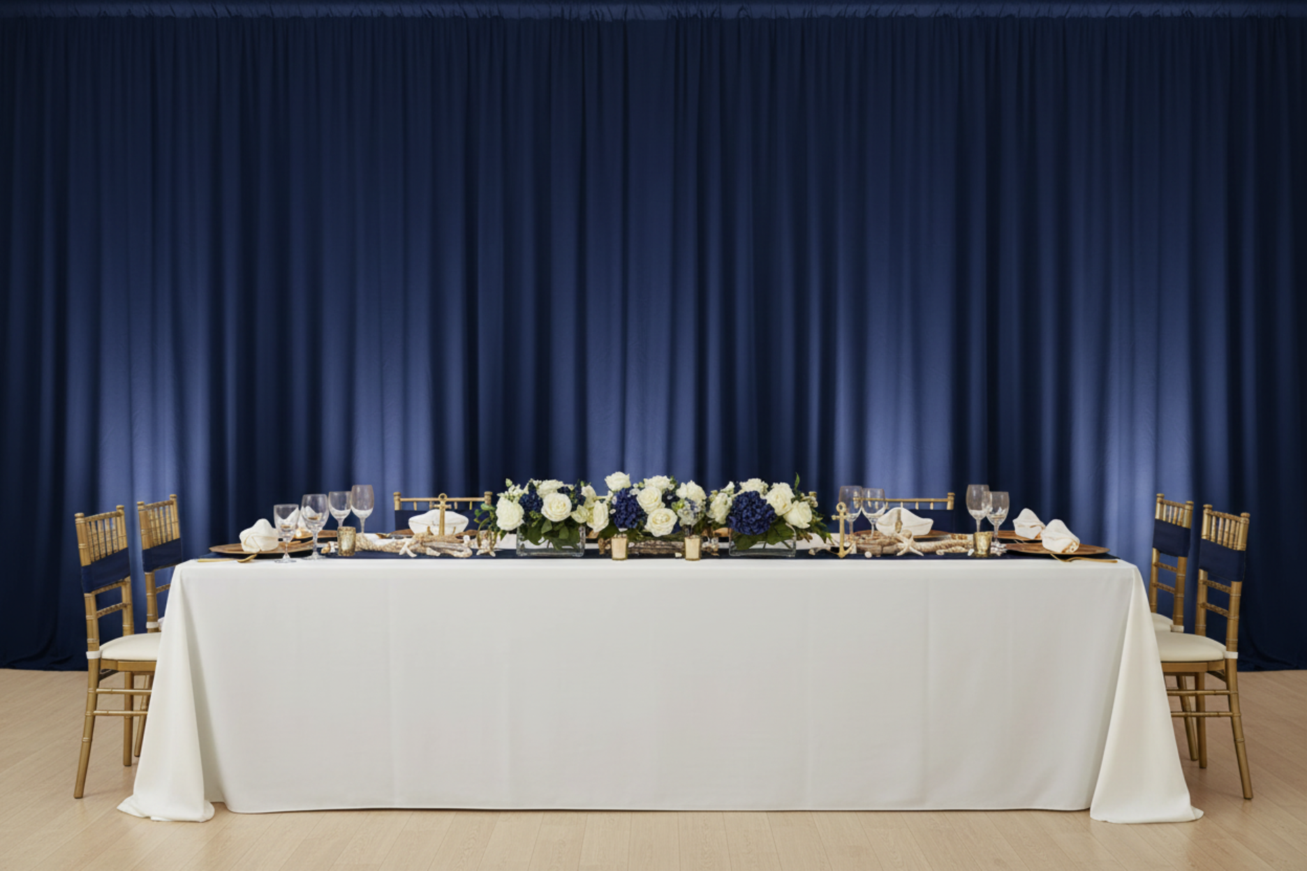 wedding reception with Spandex 4-way Stretch Backdrop Drape Curtain 20ft H x 60" W - Navy Blue