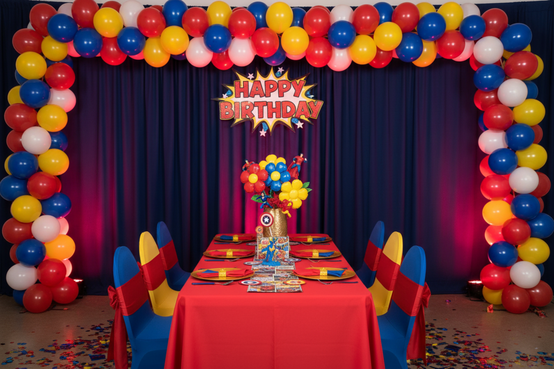 kids birthday celebration superhero theme with Spandex 4-way Stretch Backdrop Drape Curtain 20ft H x 60" W - Navy Blue