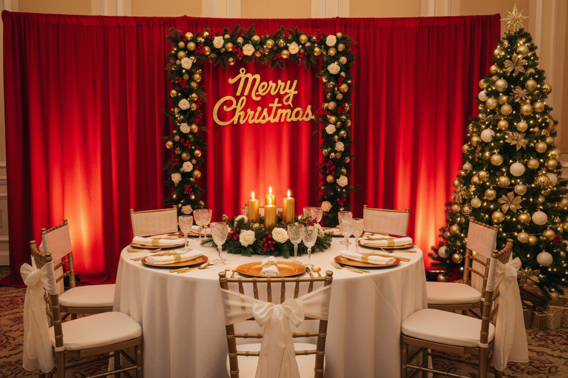christmas indoor setup with Spandex 4-way Stretch Backdrop Drape Curtain 20ft H x 60" W - Red
