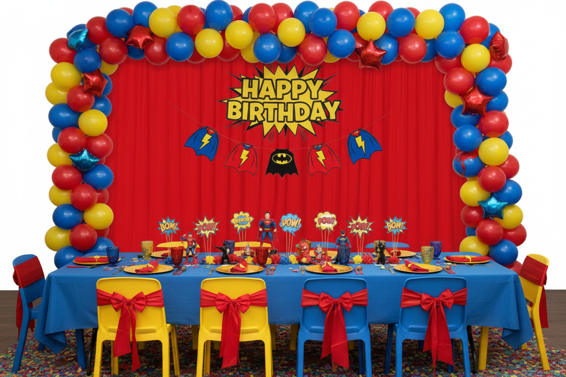 kids birthday party setup with Spandex 4-way Stretch Backdrop Drape Curtain 20ft H x 60" W - Red
