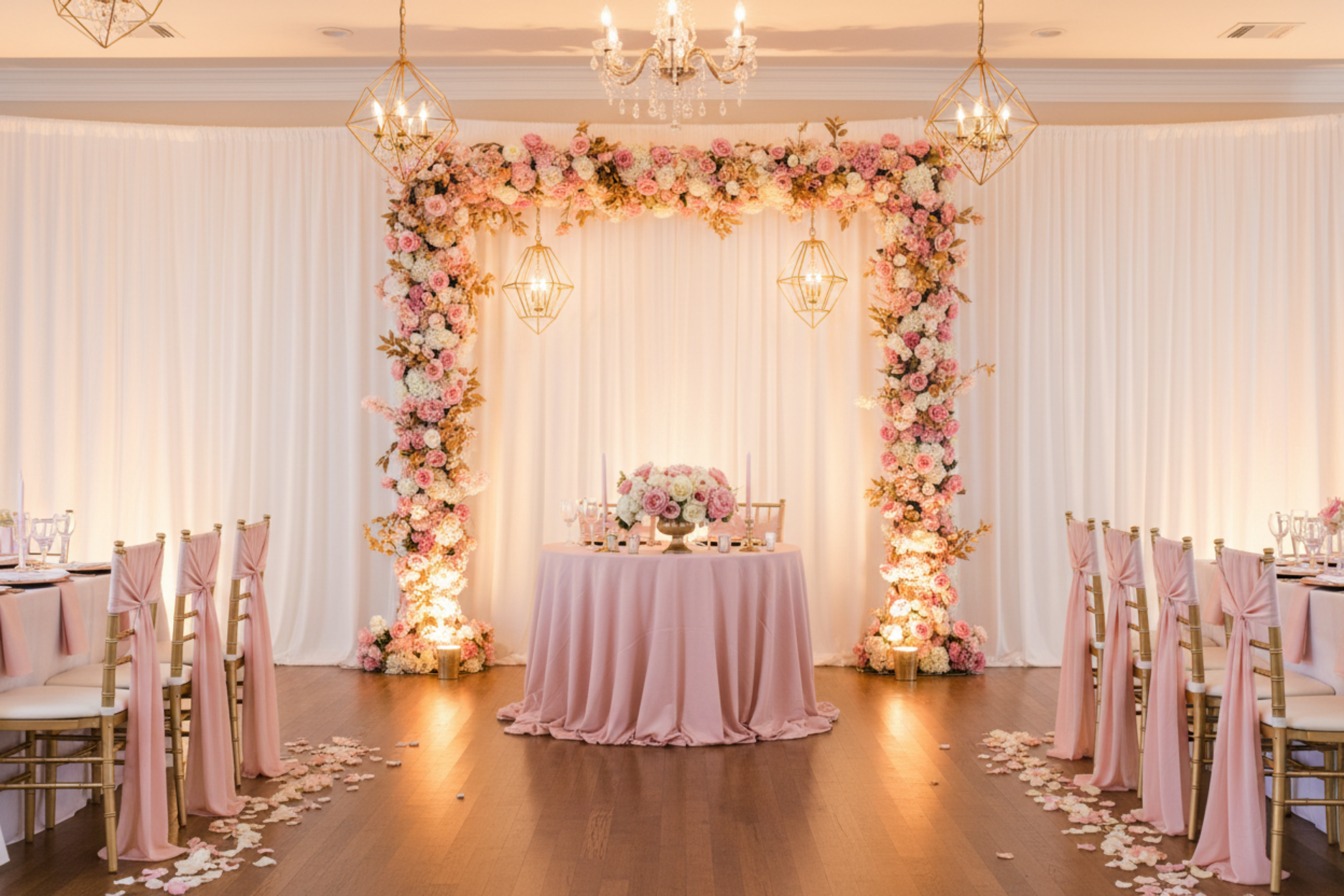 indoor wedding setup with Spandex 4-way Stretch Backdrop Drape Curtain 20ft H x 60" W - White