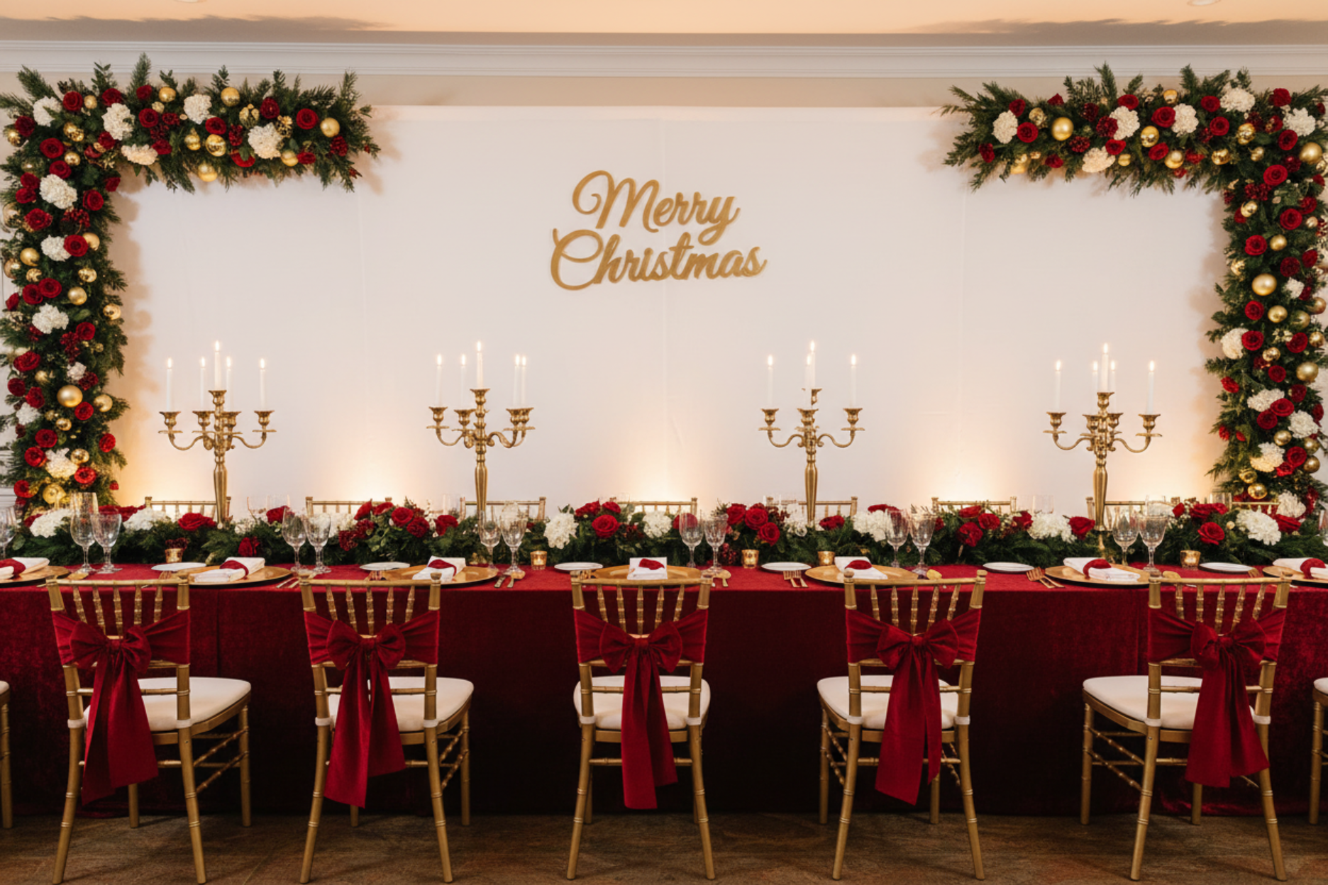 indoor christmas party setup with Spandex 4-way Stretch Backdrop Drape Curtain 20ft H x 60