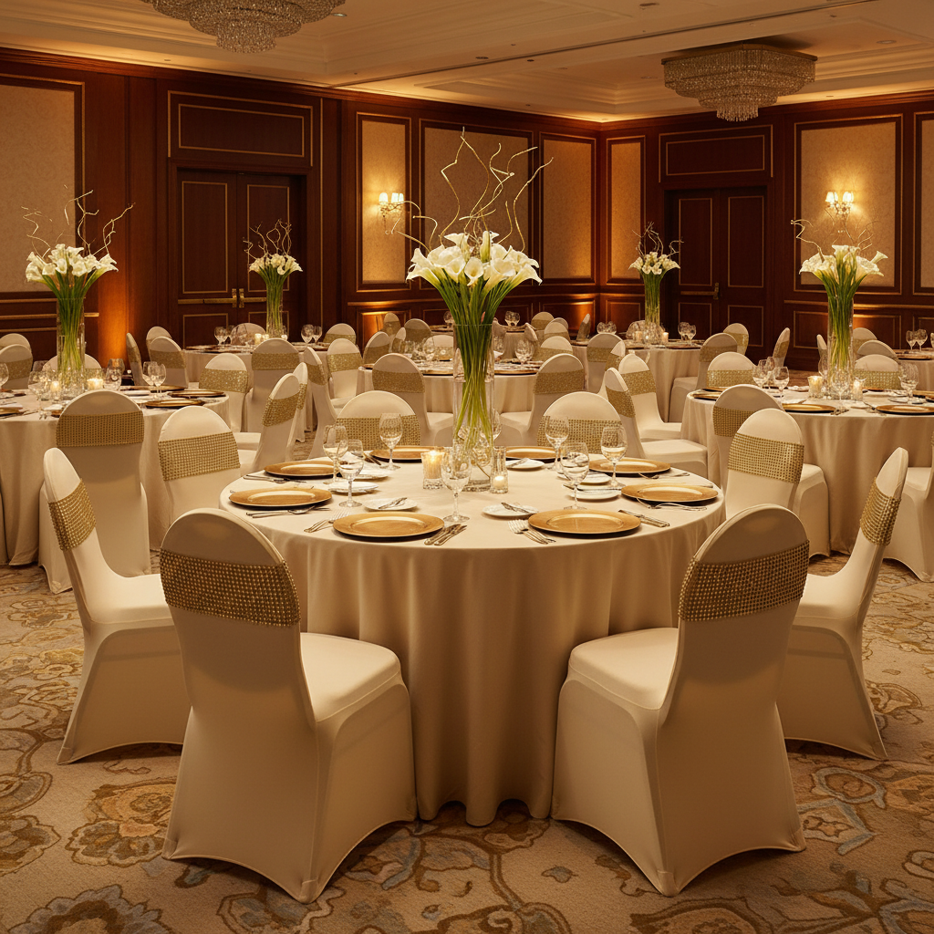 corporate gala night with Spandex Banquet Chair Cover - Champagne