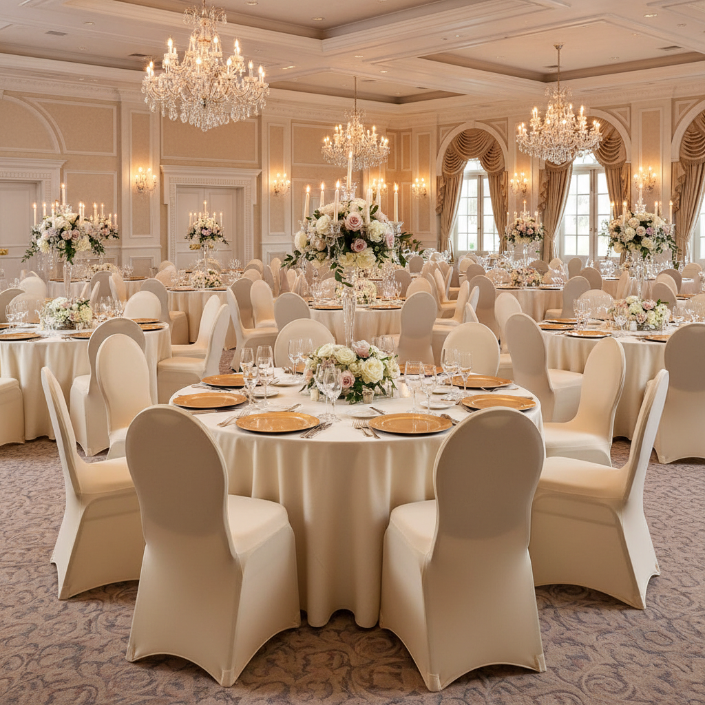 elegant indoor wedding reception with Spandex Banquet Chair Cover - Champagne