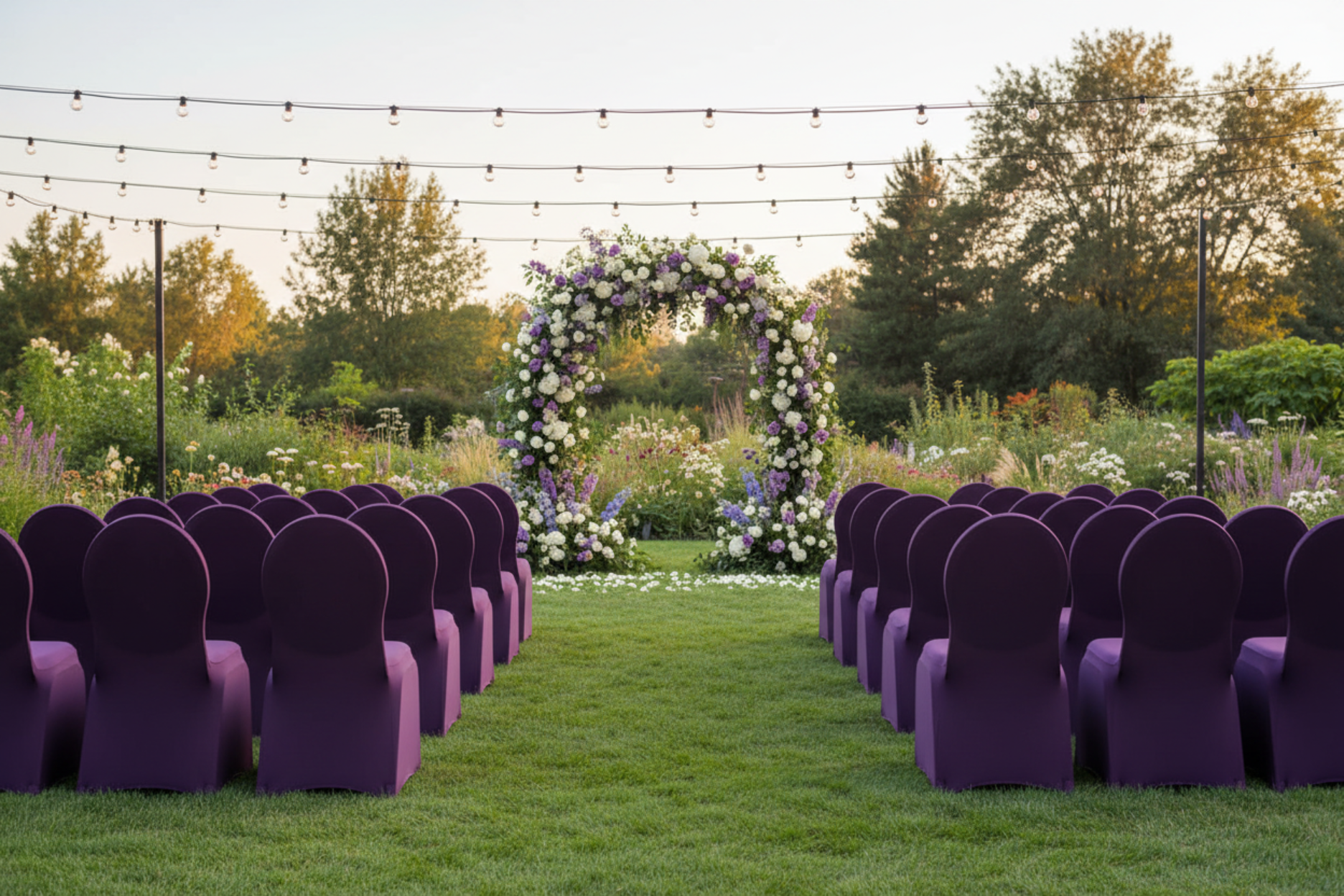 garden ceremony with Spandex Banquet Chair Cover - Eggplant/Plum