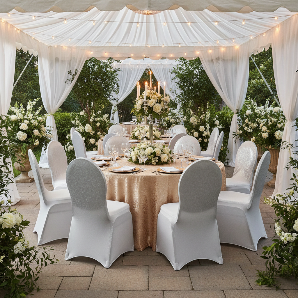 garden wedding anniversary setup with Spandex Banquet Chair Cover - Silver