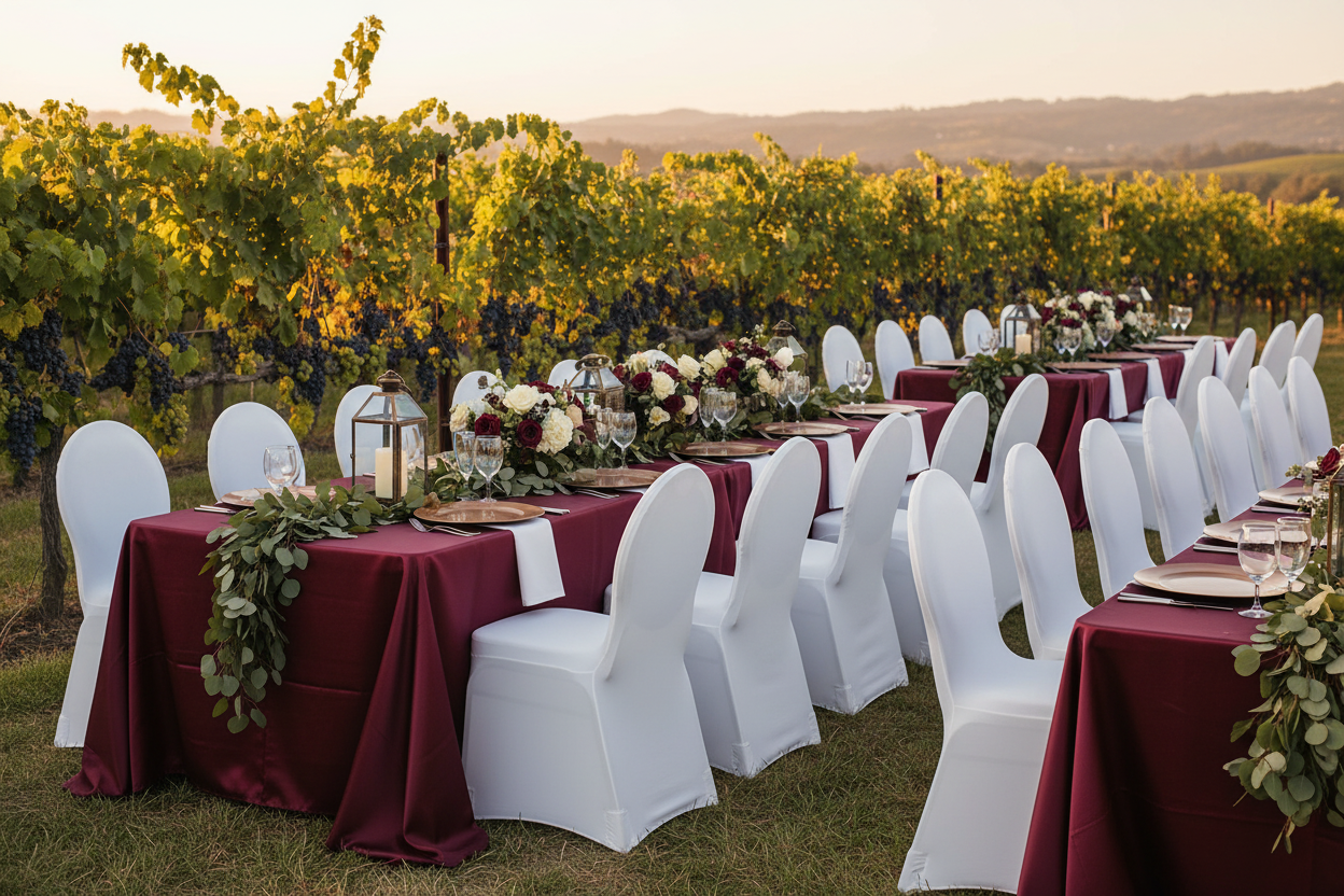 outdoor vineyard reception with Spandex Banquet Chair Cover - White