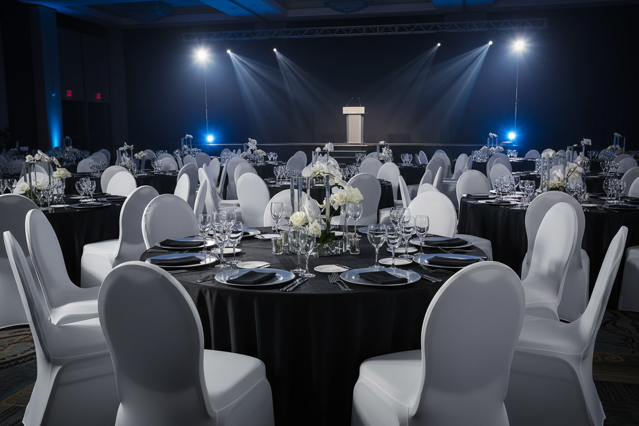 corporate awards night with use of Spandex Banquet Chair Cover - White