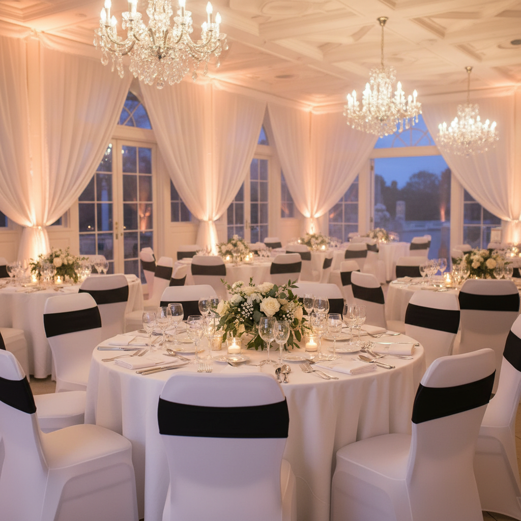 Black Spandex Chair Band on banquet chairs around a round table