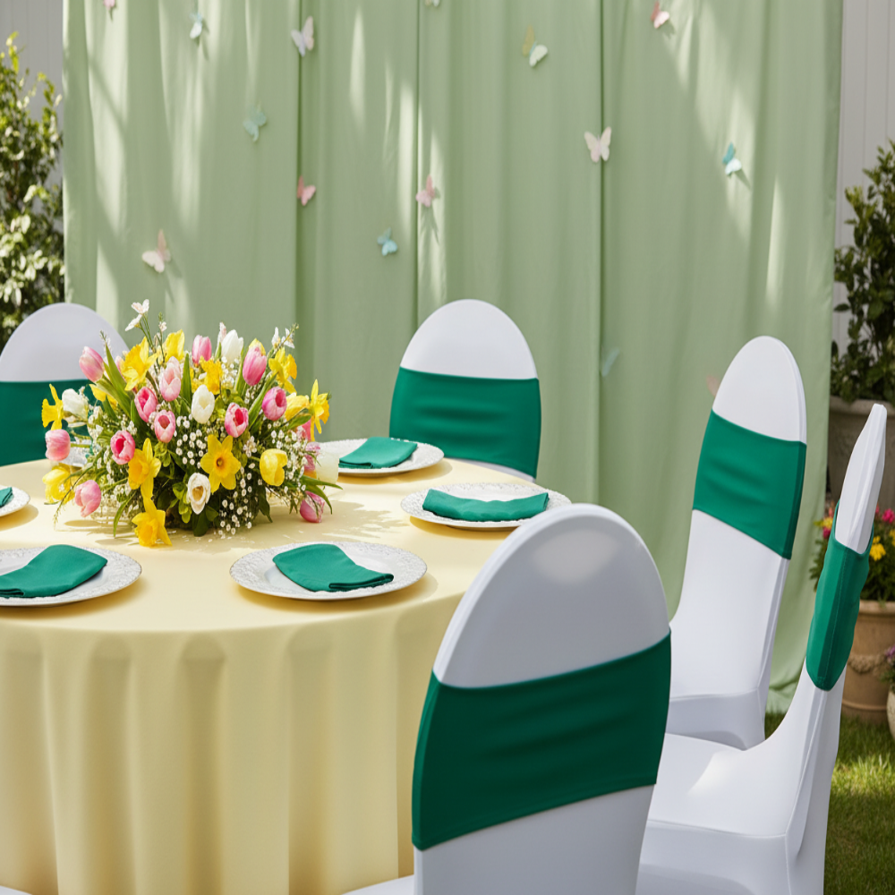 spring garden setup with Spandex Chair Band - Emerald Green

