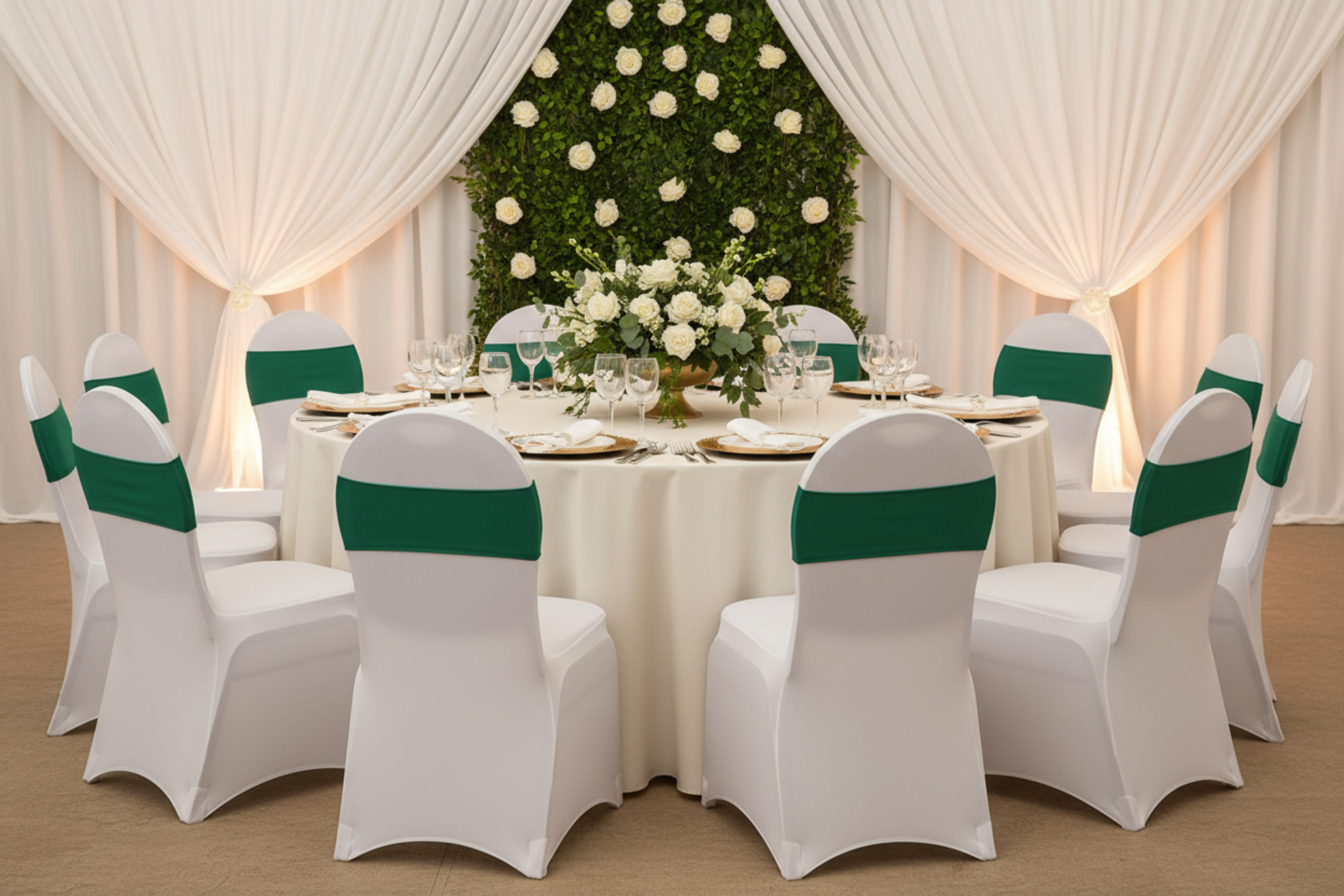 wedding backdrop setup withSpandex Chair Band - Emerald Green
