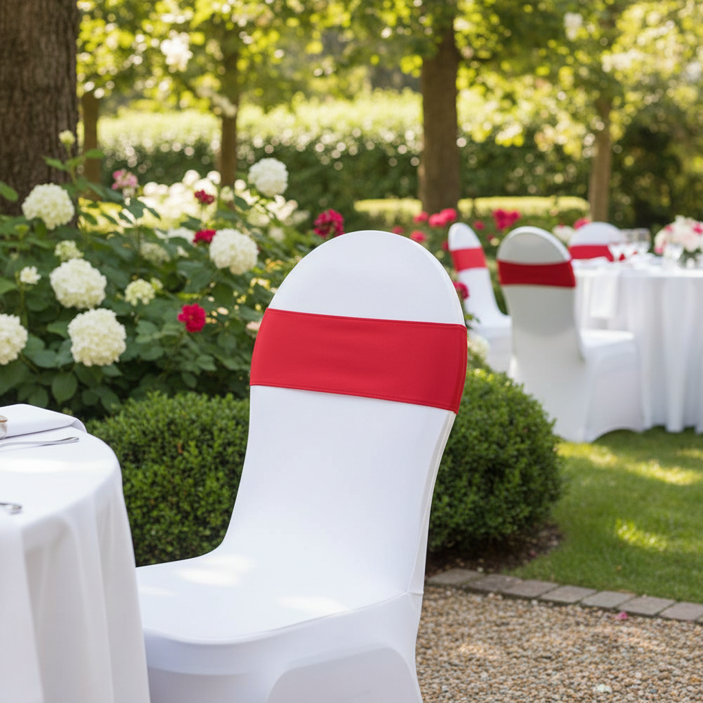 Spandex Red Chair Band - Garden Event on Round Top Banquet Chair