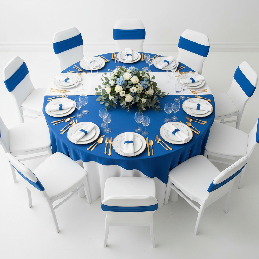 Spandex Chair Band - Royal Blue on top of white chair | white and royal blue tablecloth and overlay | white charger plate | white napkin