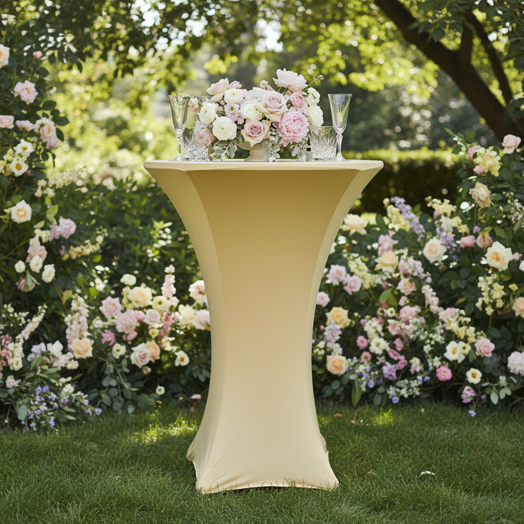 Spandex Cocktail Table Cover 30" Round - Champagne | wine goblet | flower centerpiece |
