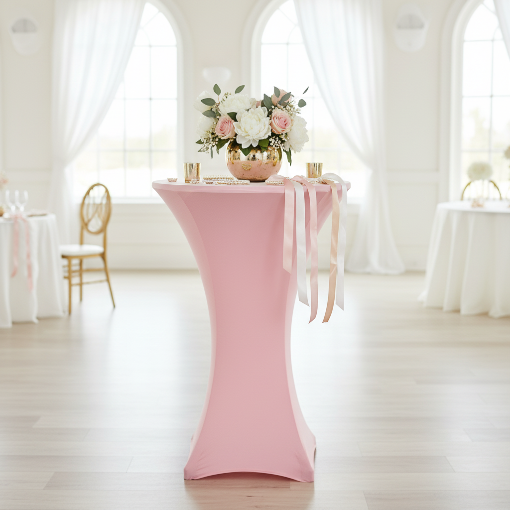 Spandex Cocktail Table Cover 30" Round - Pink with gold centerpiece 