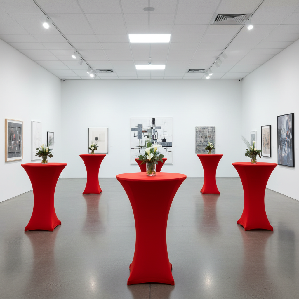 art gallery reception with Spandex Cocktail Table Cover 30" Round - Red