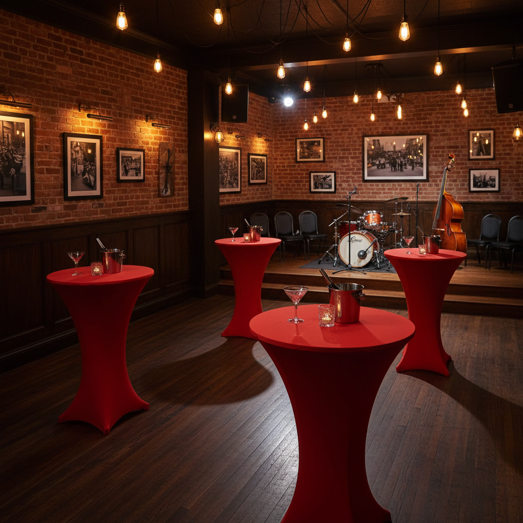 band recital in restaurant setup with Spandex Cocktail Table Cover 30" Round - Red