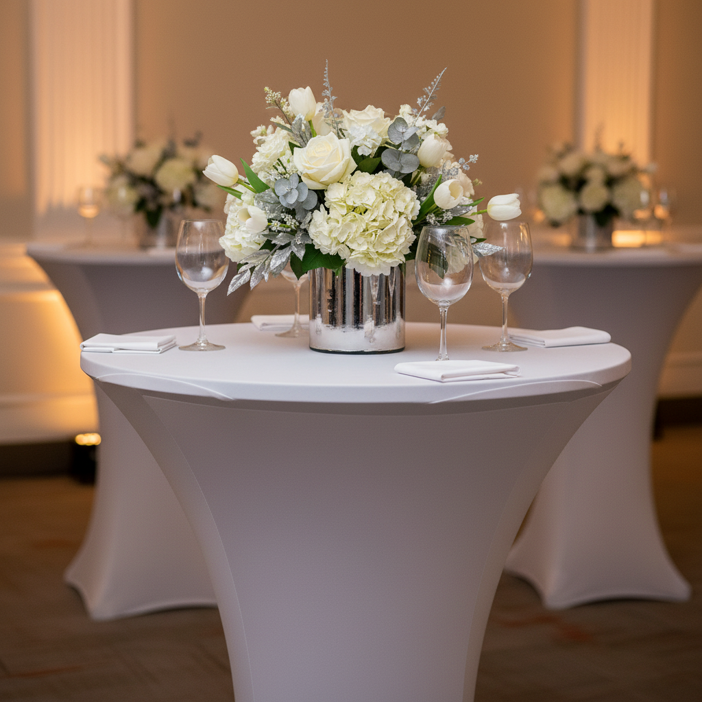 Spandex Cocktail Table Cover 30" Round - Silver close up detail