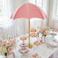 Spandex Cover for Adjustable Umbrella Centerpiece Stand Pink dessert table with clear modern oval back chairs