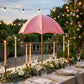 Spandex Cover for Adjustable Umbrella Centerpiece Stand Pink for an outdoor brunch with white gold trimmed dinner plates, wine glasses, and tapered candles
