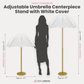 Adjustable Umbrella Centerpiece Stand with White Cover infographic showing person next to the stand collapsed and extended to the full height
