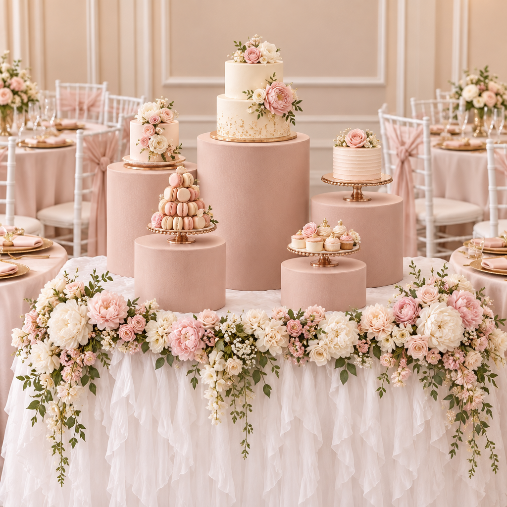 Spandex Covers for Cylinder Metal Cake/Dessert Pedestal Stands 5 pcs/set - Blush/Rose Gold