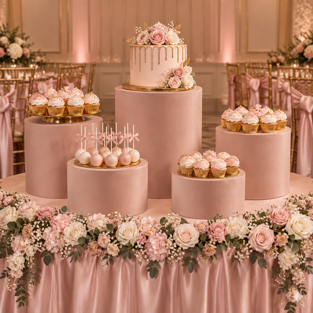 Spandex Covers for Cylinder Metal Cake/Dessert Pedestal Stands 5 pcs/set - Blush/Rose Gold