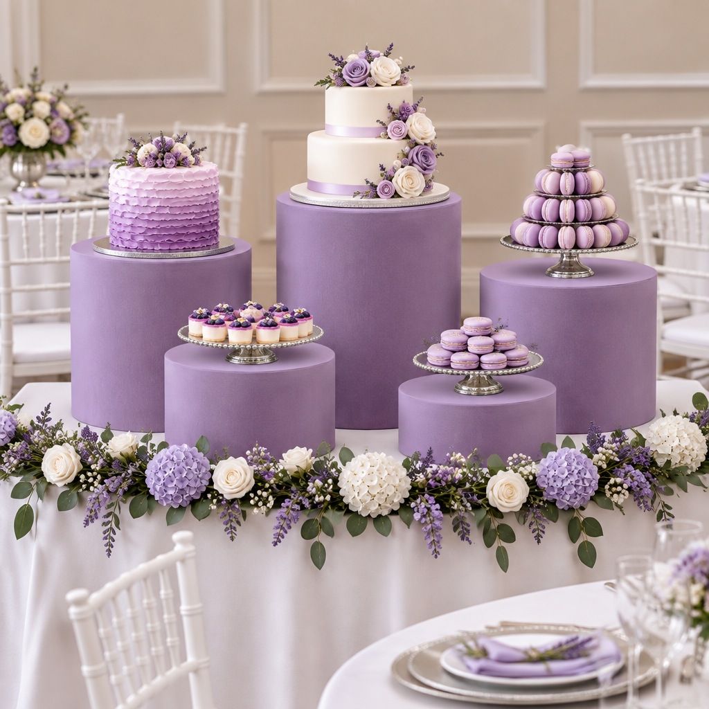 Spandex Covers for Cylinder Metal Cake/Dessert Pedestal Stands 5 pcs/set - Lavender