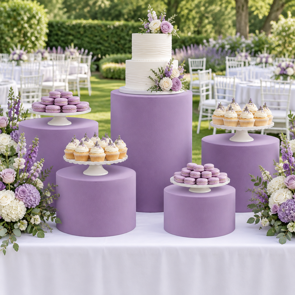 Spandex Covers for Cylinder Metal Cake/Dessert Pedestal Stands 5 pcs/set - Lavender