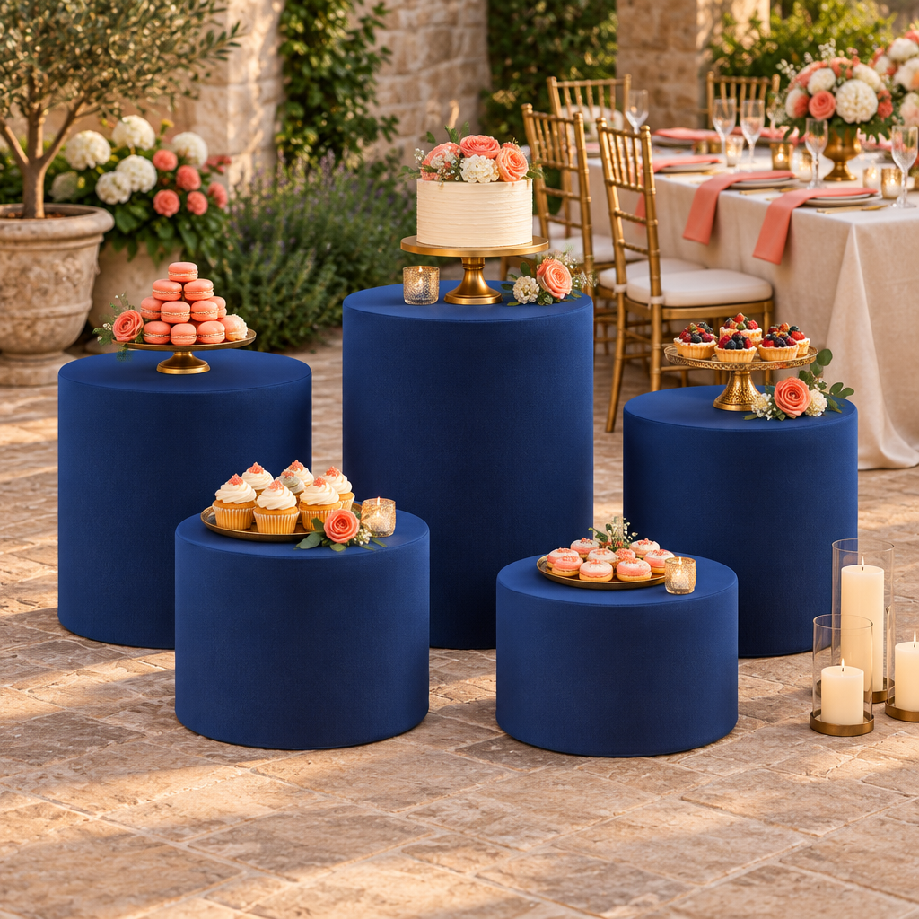 Navy Blue Spandex Covers for Cylinder Metal Cake/Dessert Pedestal Stands 5 pcs/set at a birthday dinner