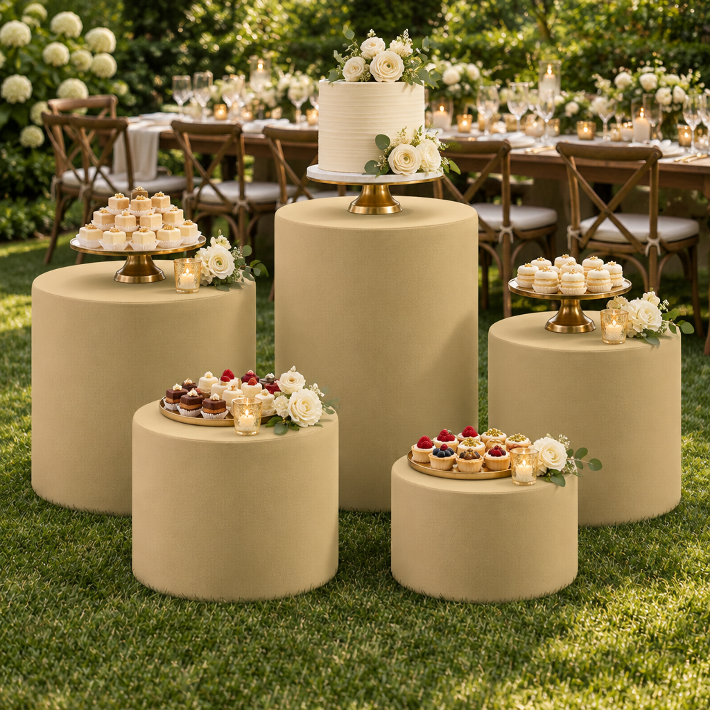 Champagne Spandex Covers for Cylinder Metal Cake/Dessert Pedestal Stands 5 pcs/set at a garden wedding