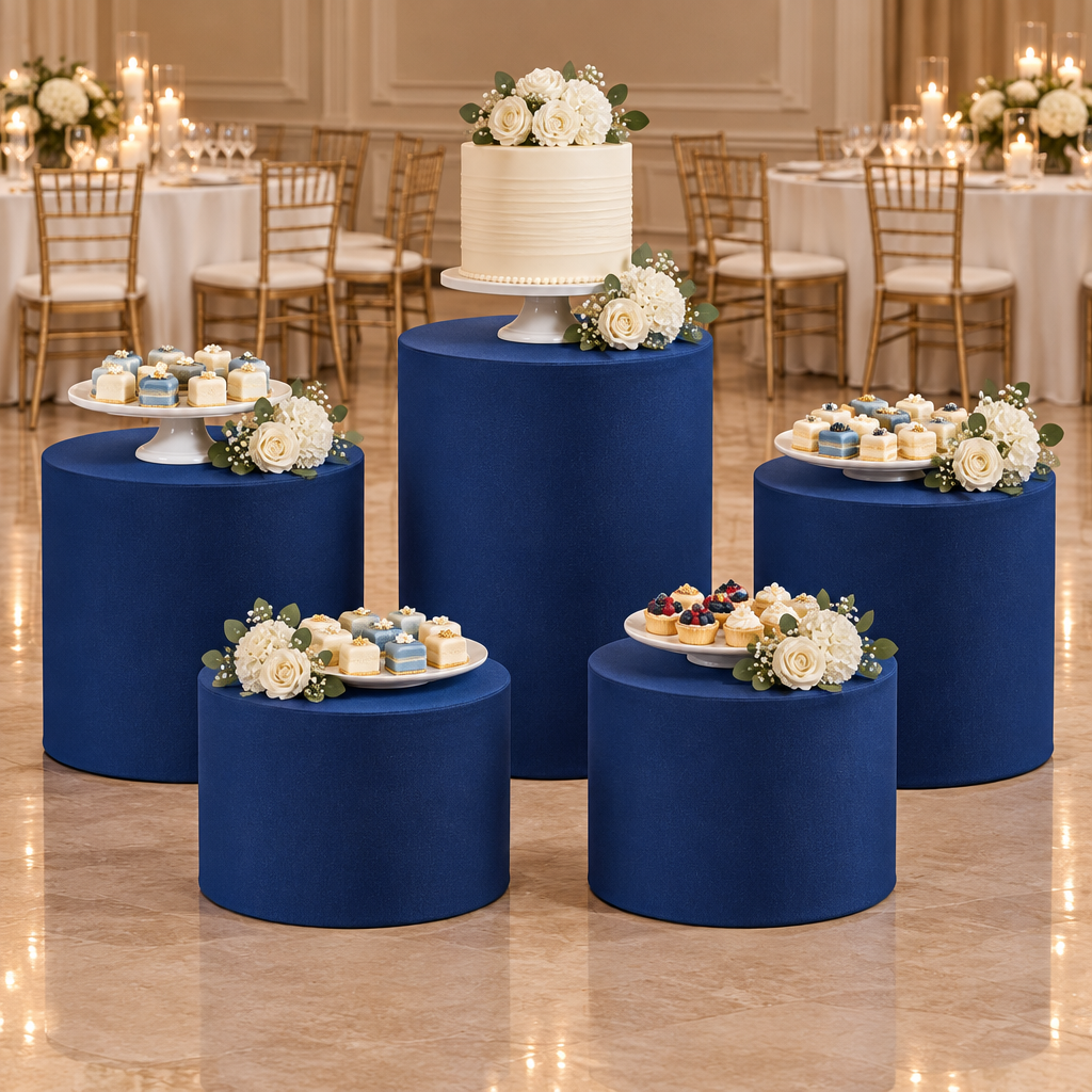 Navy Blue Spandex Covers for Cylinder Metal Cake/Dessert Pedestal Stands 5 pcs/set at a ballroom wedding