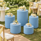 Baby Blue Spandex Covers for Cylinder Metal Cake/Dessert Pedestal Stands 5 pcs/set at a garden baby shower